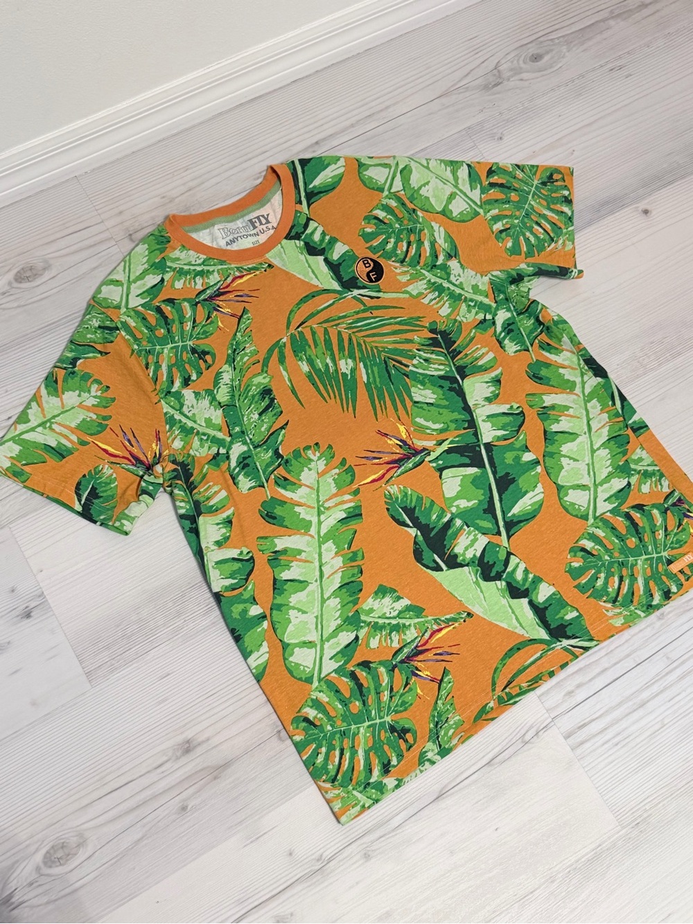 Born Fly Tropical Leaf Print Orange & Green Tee